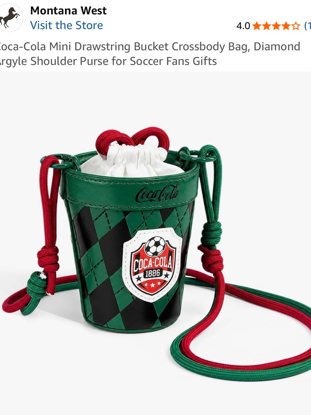 NWT Coca-Cola Soccer Mini Bucket Crossbody Bag Green Argyle Purse